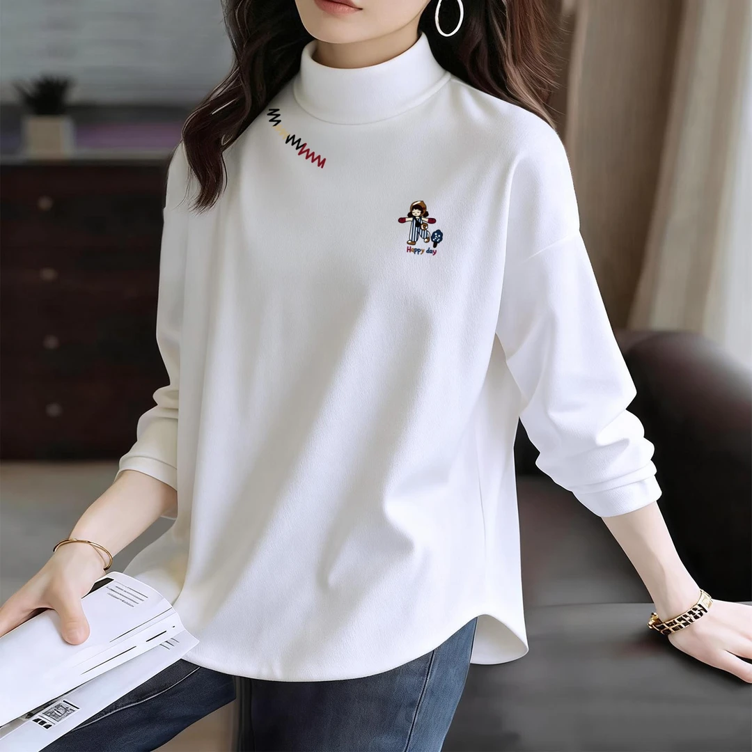 2025秋冬韩系德绒时尚弧形下摆半高领保暖长袖T恤百搭减龄打底ins