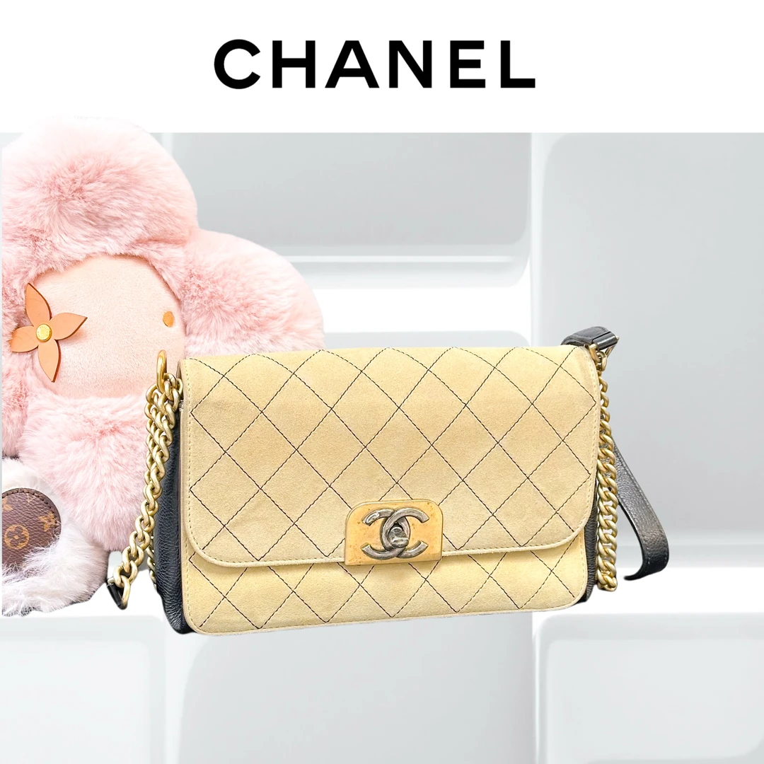 99新 Chanel/香奈儿 米色外缝拼皮邮差包