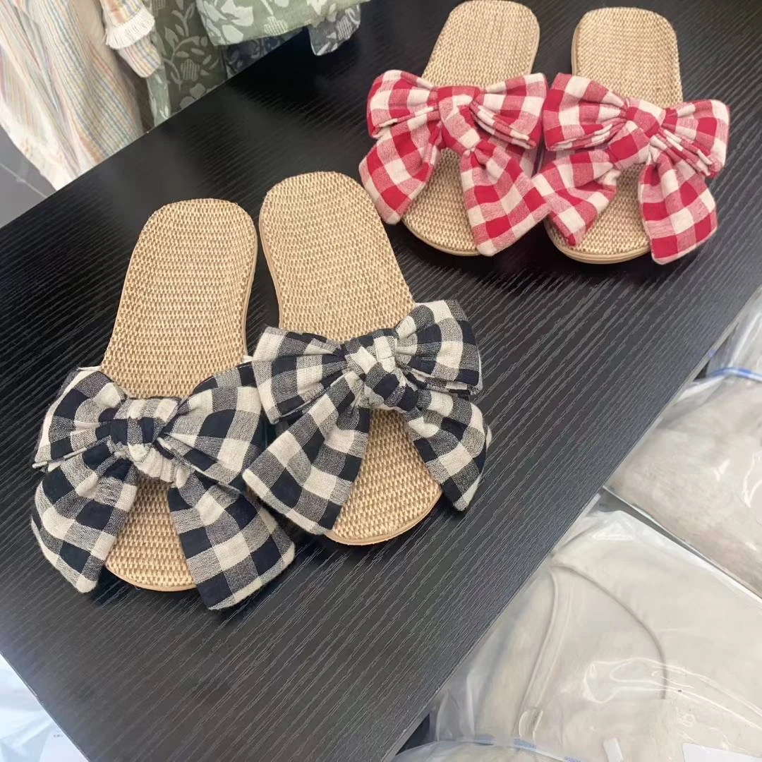 【亚麻拖鞋】新款蝴蝶结亚麻拖鞋女 夏天居家室内软底防滑凉拖鞋