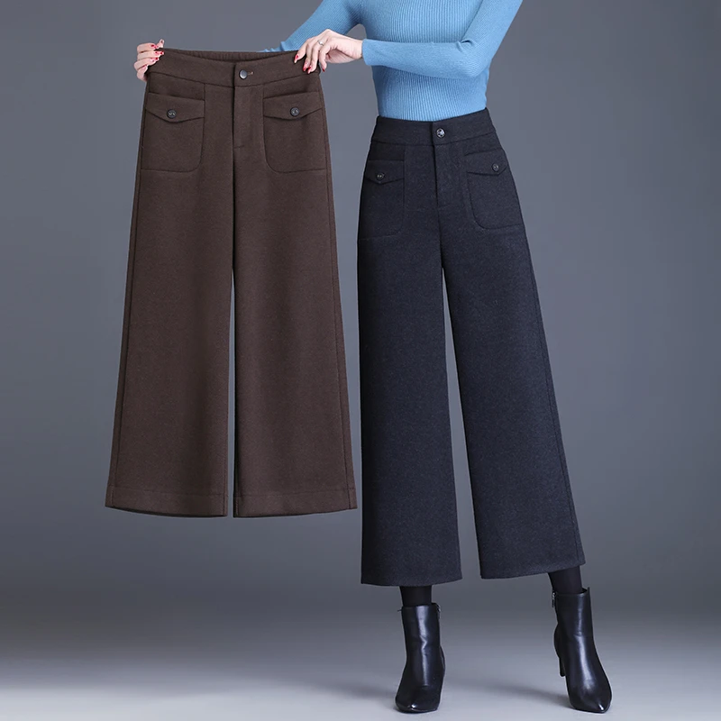 羊毛呢八分阔腿裤女士高腰秋冬季加厚小个子妈妈宽松直筒靴裤大码