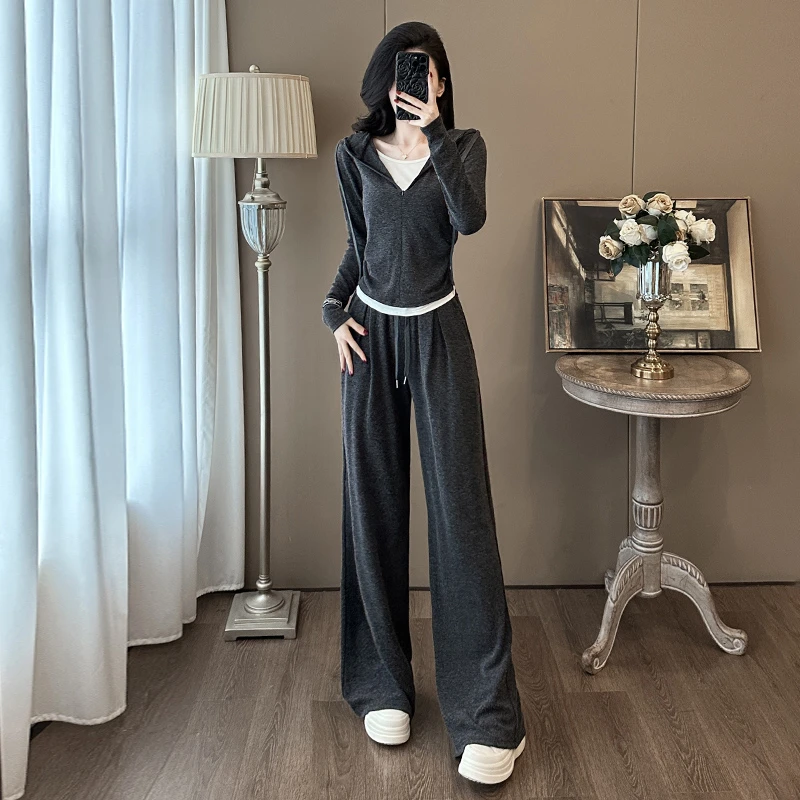 2025春秋新款休闲套装女时尚洋气显瘦连帽假两件卫衣阔腿裤两件套