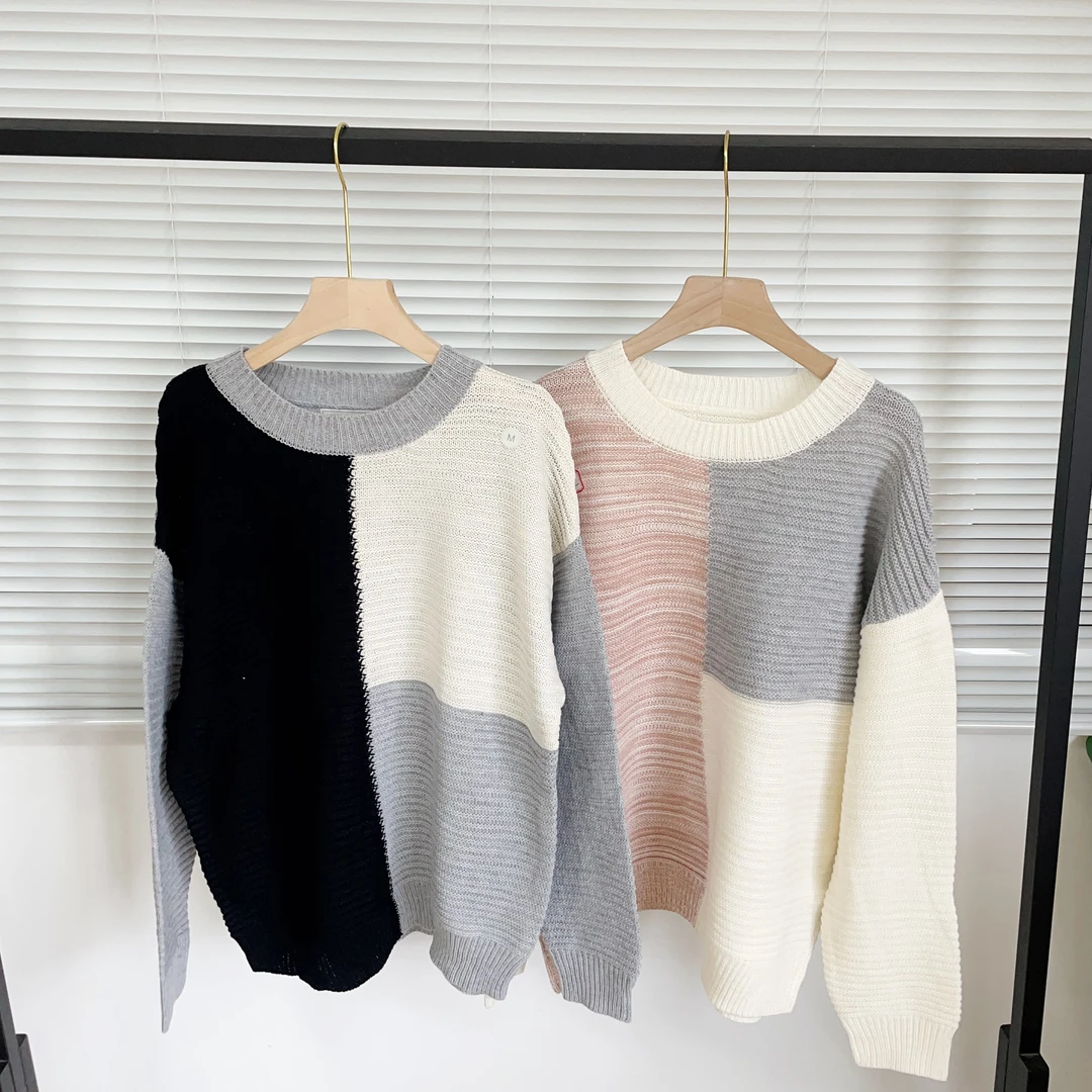 D133 色块拼接圆领休闲针织毛衣