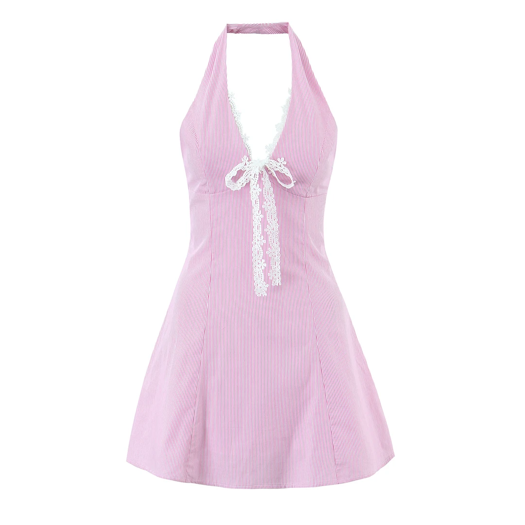 夏季法式清新甜美挂脖收腰短款连衣裙