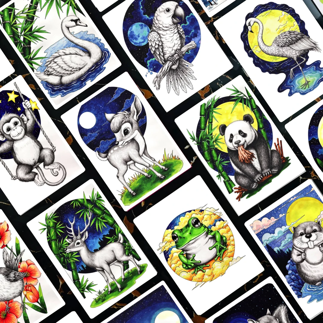 素描月光动物临摹卡儿童创意美术明信片马克笔彩铅卡通动物范图