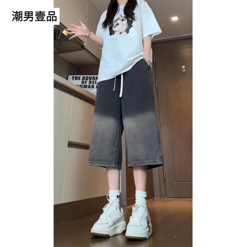 水洗渐变七分裤男款夏季潮牌弹力牛仔裤美式复古直筒阔腿八分裤子