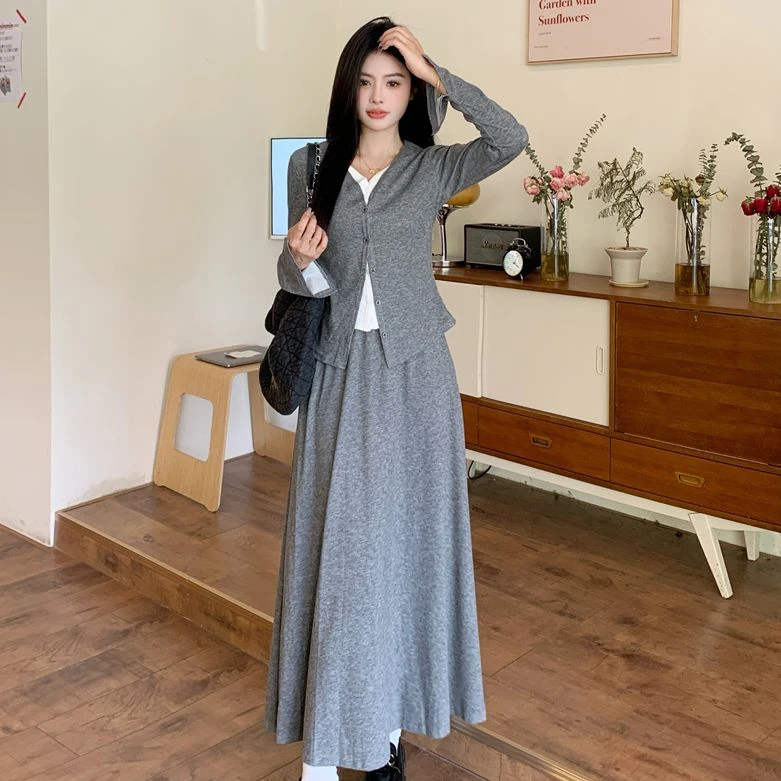 胖颖专属大码春季新款假两件拼接上衣+半身裙大码套装929