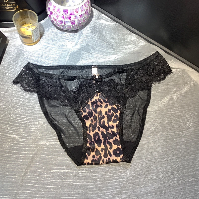 「塘心小岛」豹纹新款蕾丝裙边低腰性感内裤薄网纱女三角裤