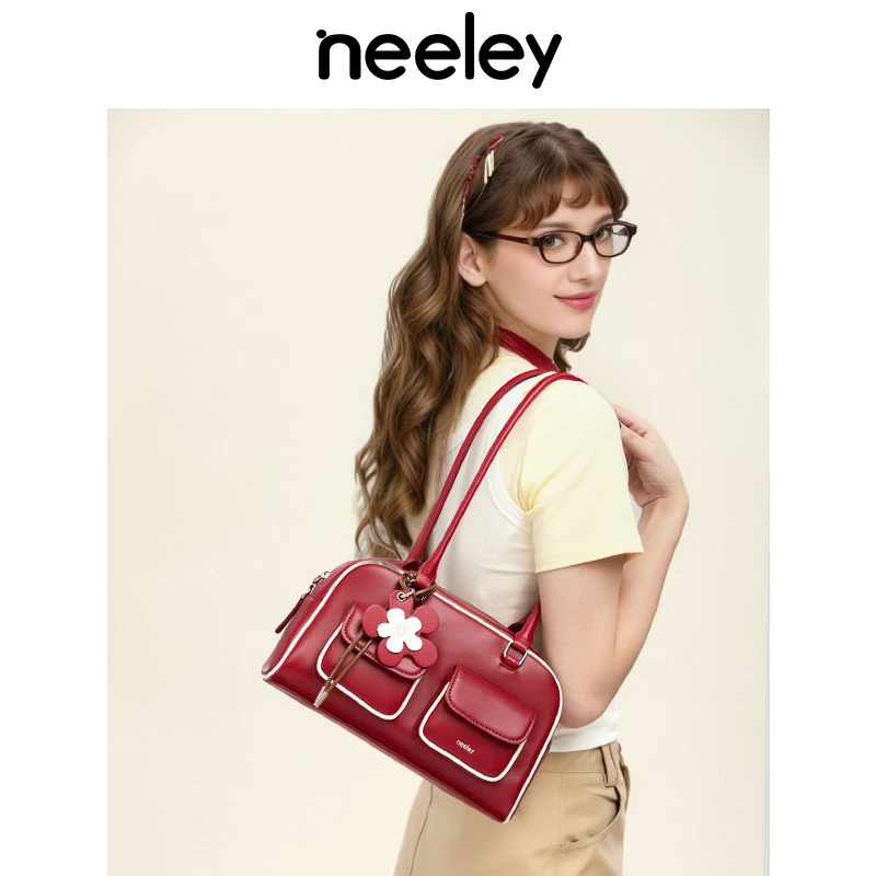 neeley牛皮波士顿包女2025春夏新款单肩腋下包多口袋真皮保龄球包