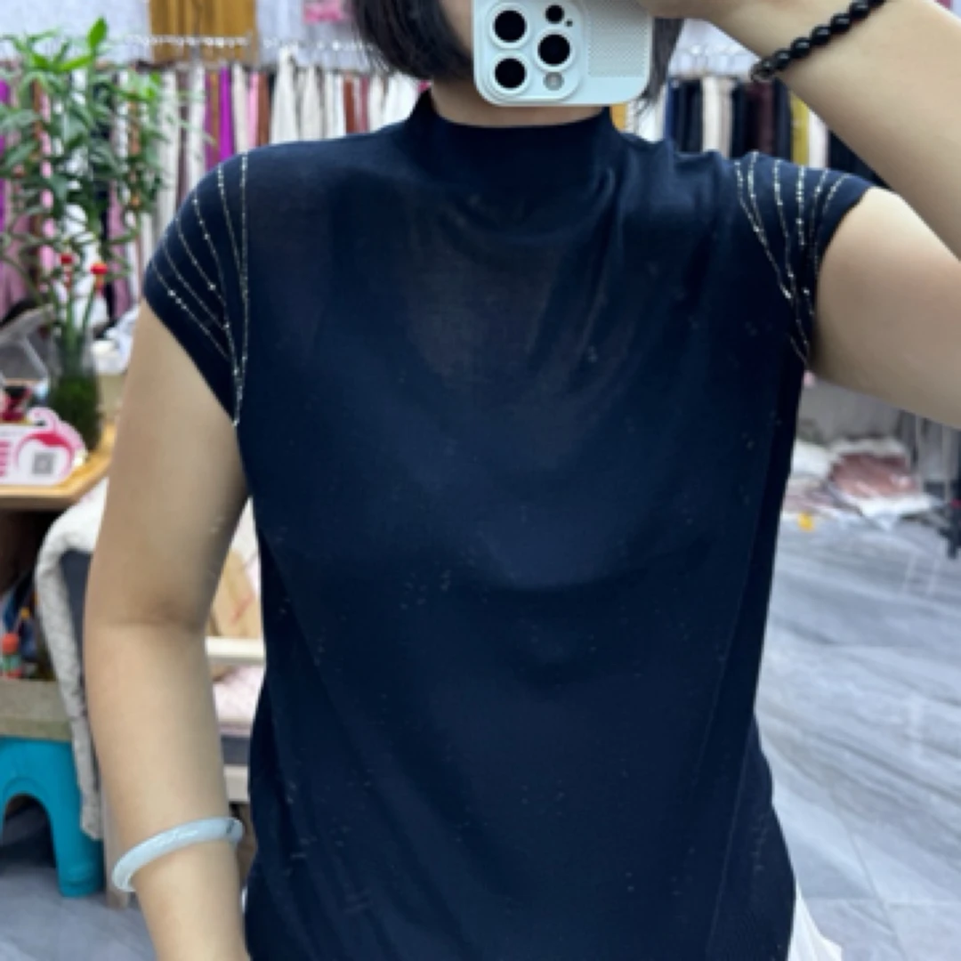 主播同款烫钻坎袖针织衫  薄款针织衫衫纯色