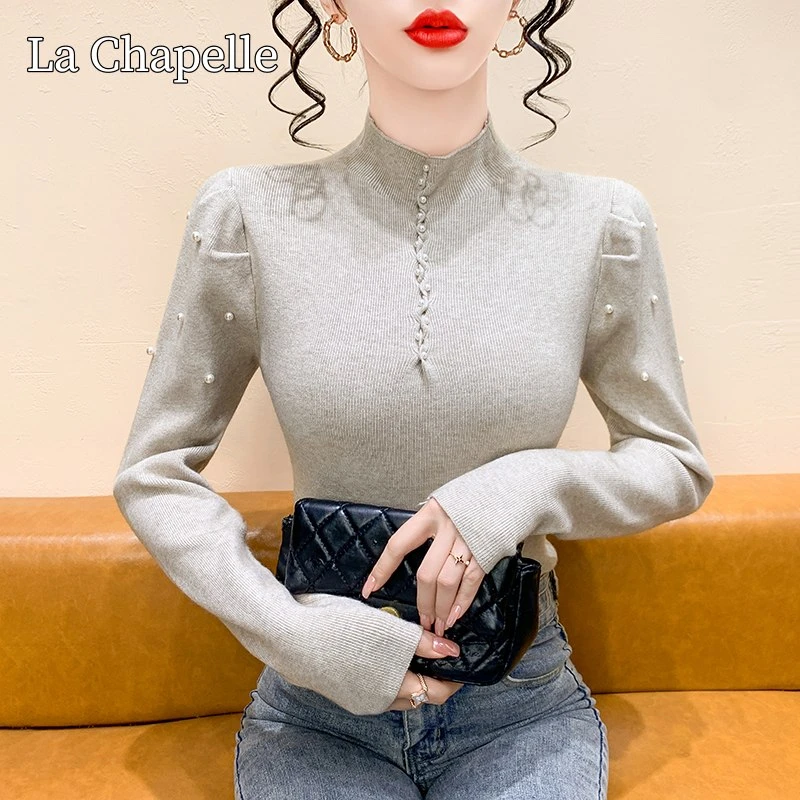 拉夏贝尔2025秋冬法式珍珠半高领打底针织衫长袖内搭修身显瘦上衣