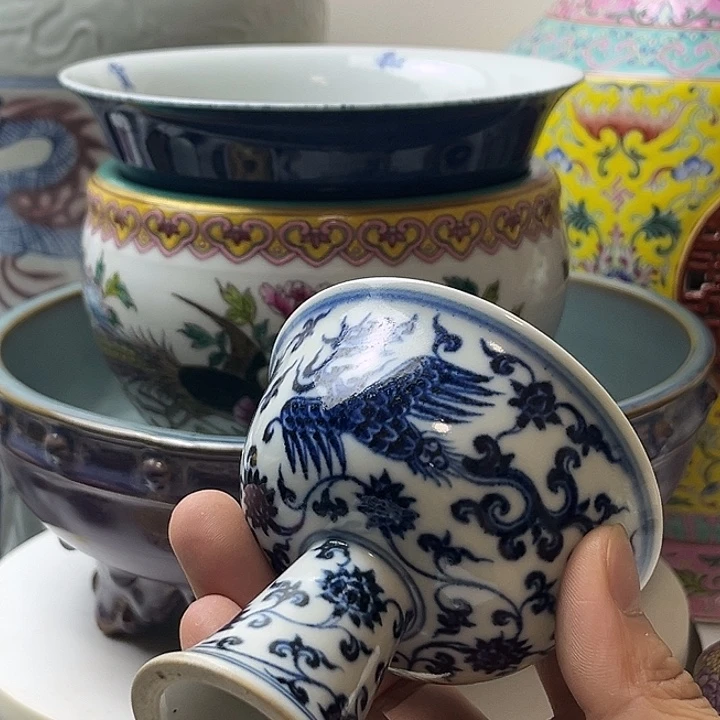 摆件开**刻青花瓷 高足杯