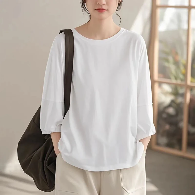 100%棉七分袖大版t恤女上衣中袖春夏宽松时尚洋气显瘦百搭打底衫