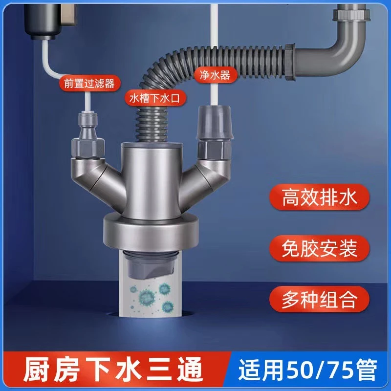厨房下水三通防返臭神器水槽洗菜盆下水道三头通净水器洗衣机接口