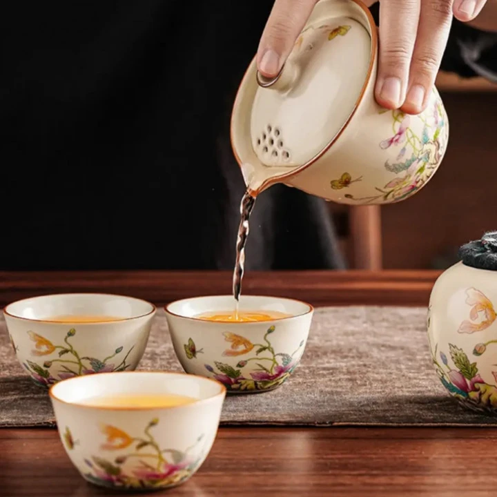虞美人黄汝窑旅行茶具套装一壶三杯手抓壶陶瓷盖碗三杯H265