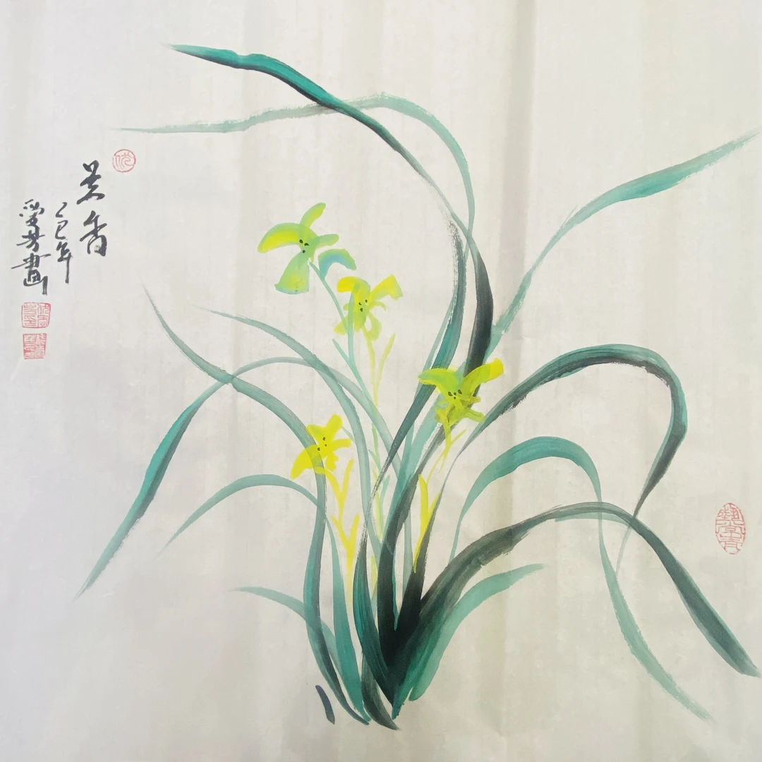 兰花国画玄关装饰画韩老师一笔三色经典送人兰花草画芯