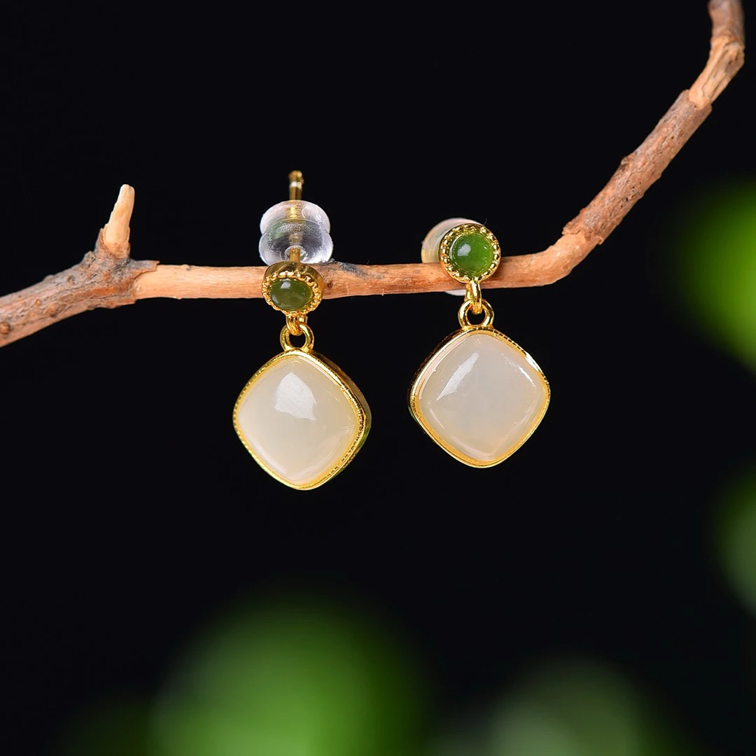 S925银镶嵌天然和田玉方糖耳钉新中式方糖耳环复古耳饰7776