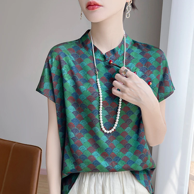 改良新中式立领盘扣旗袍领缎面凉感短袖T恤印花国风小衫