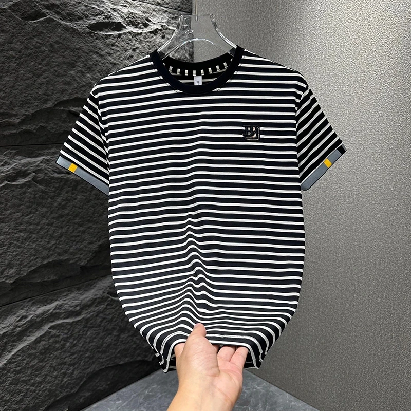 条纹短袖t恤男2025夏季薄款潮流休闲针织圆领高端男士体恤帅