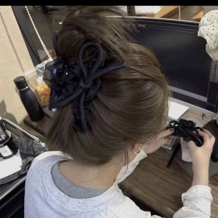 韩系泡泡纱黑色蝴蝶结抓夹后脑勺盘发夹百搭气质鲨鱼夹发饰