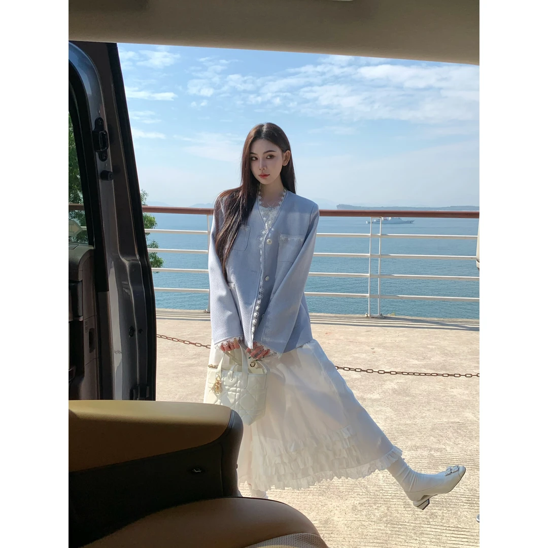 【留洋千金】25612 V领蕾丝边中长款宽松休闲小香风外套