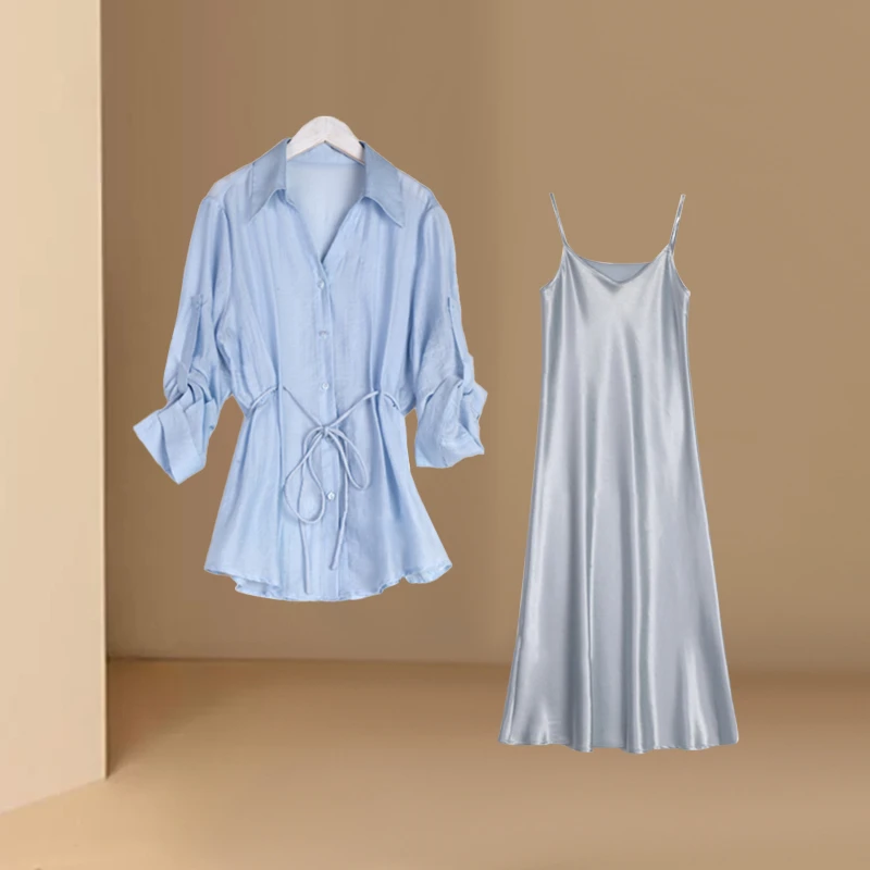 吊带连衣裙女夏2025新款轻奢高级感气质长袖外搭衬衫套装裙两件套