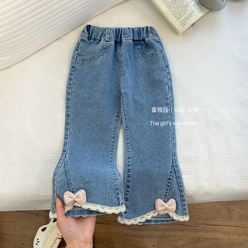 时尚春秋最新款女童牛仔裤立体蝴蝶结微喇裤女宝宝新潮欧若风童装