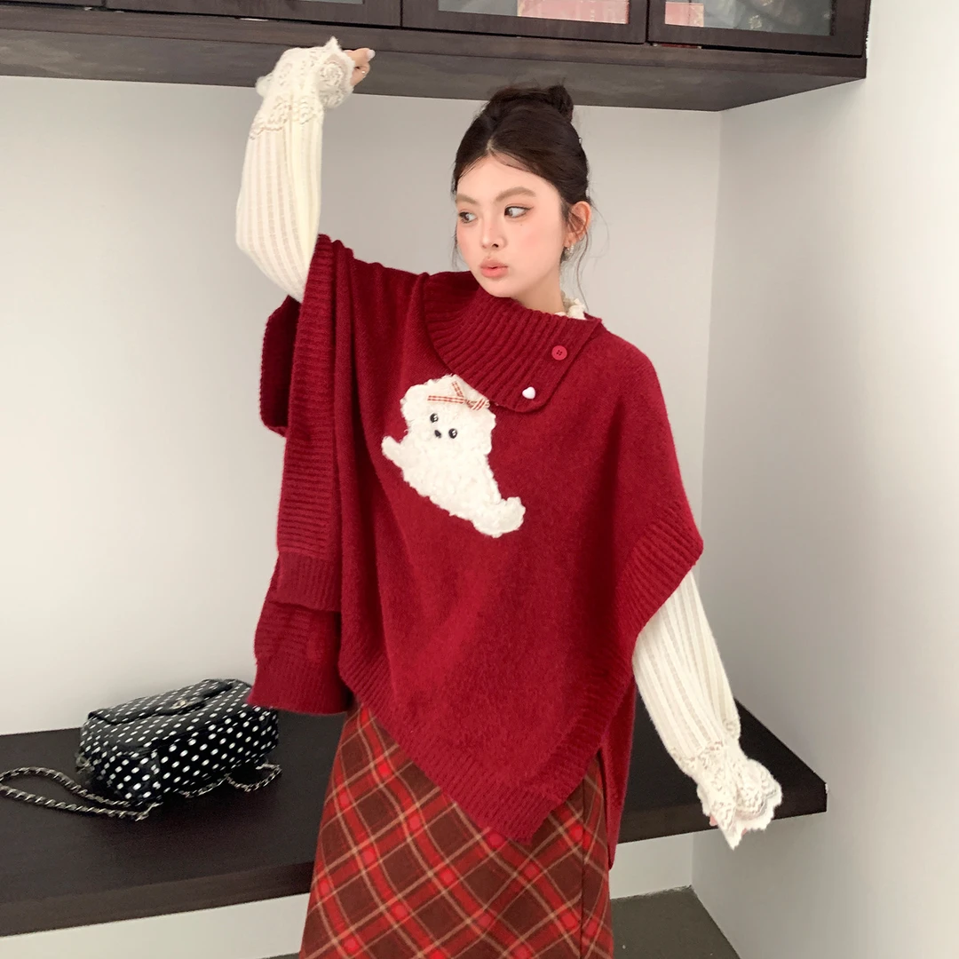 大码女装微胖妹妹mm韩系显瘦时尚红色毛衣外套格纹半裙套装