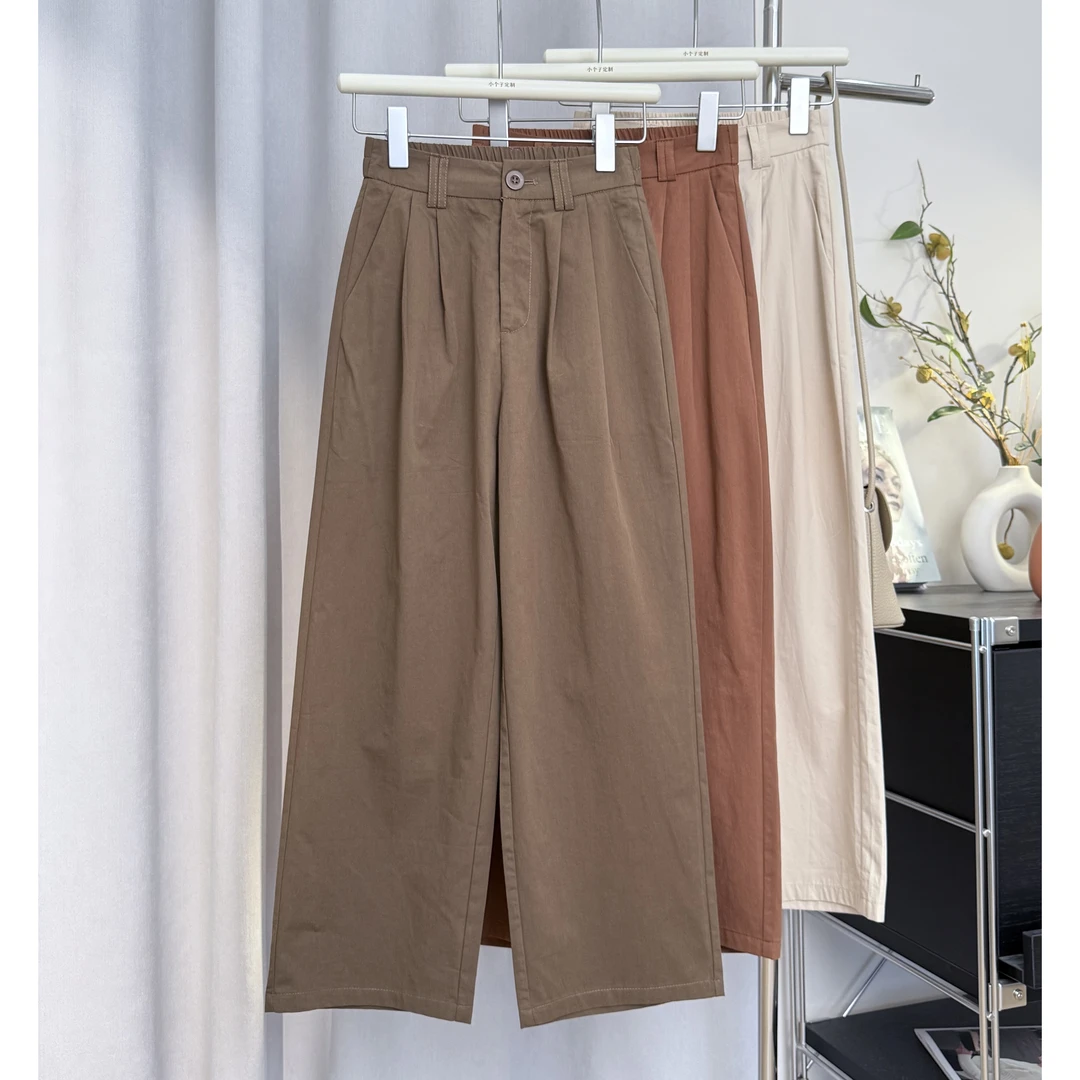 小个子早秋水洗棉柔软高腰直筒九分裤休闲裤松紧腰阔腿裤