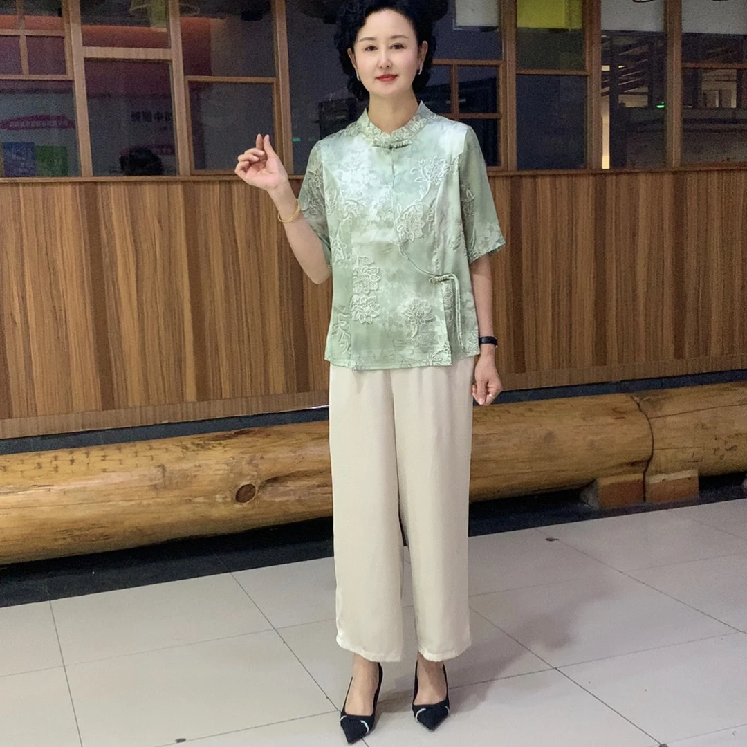 夏季新款气质时尚新中式中国风休闲复古宽松圆领妈妈装