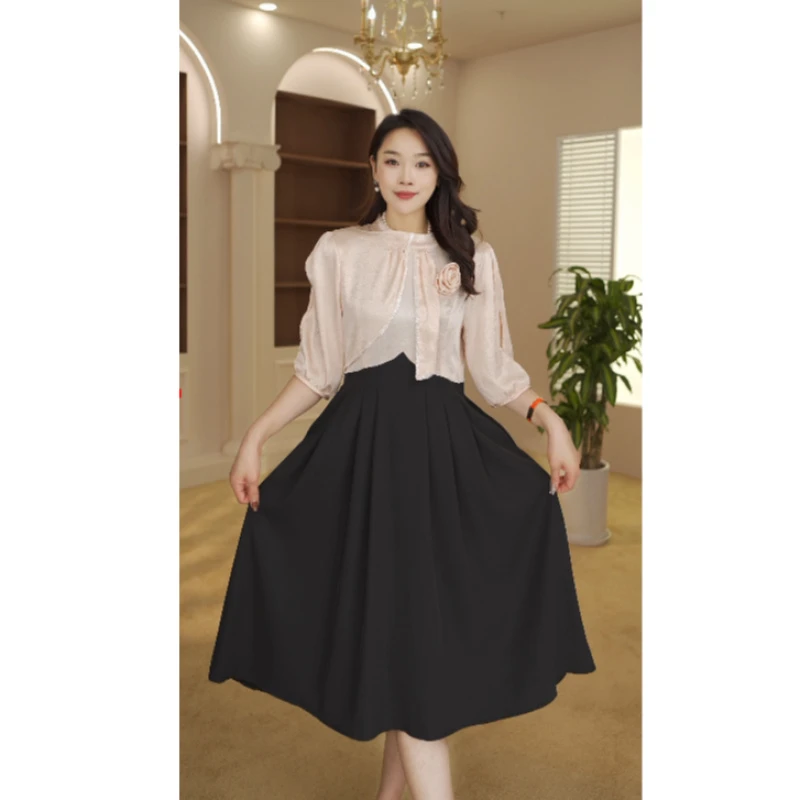 法式假两件拼接连衣裙女夏季新款洋气质大码微胖mm遮肚子显瘦