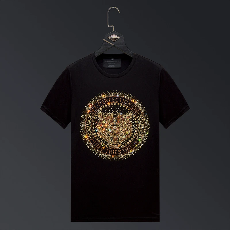 斯狄奈勒香港潮牌夏季薄款烫钻老虎头亮钻半袖男士加大码短袖t恤