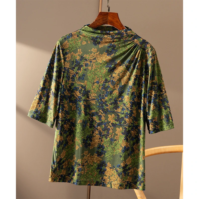 意G篙阶 神裸感 艺术花案5A級针织真丝立领短袖T恤春天家女3Z98