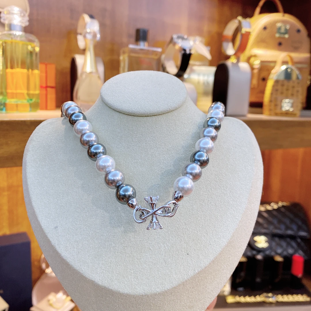 坠链均925银合成锆石 黑标K高级高冷贵族十字钻珠珠项链简约