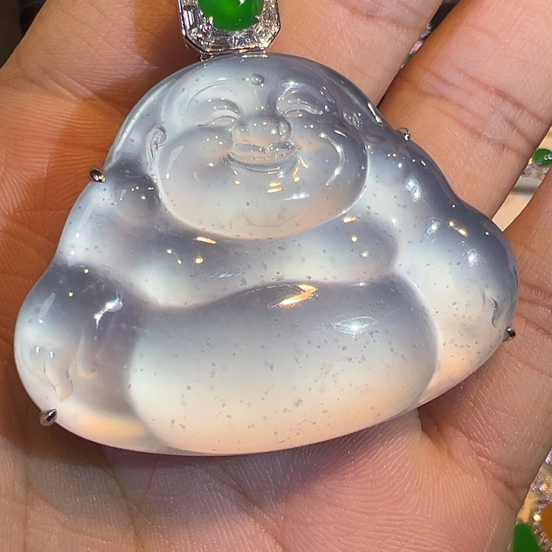 翡翠颈饰18K金镶嵌木纳雪花棉玻璃种暴风雪佛公