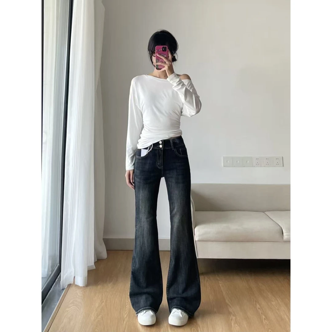 复古蓝灰色微喇牛仔裤女2025秋冬新款高腰双扣弹力不贴腿喇叭裤子