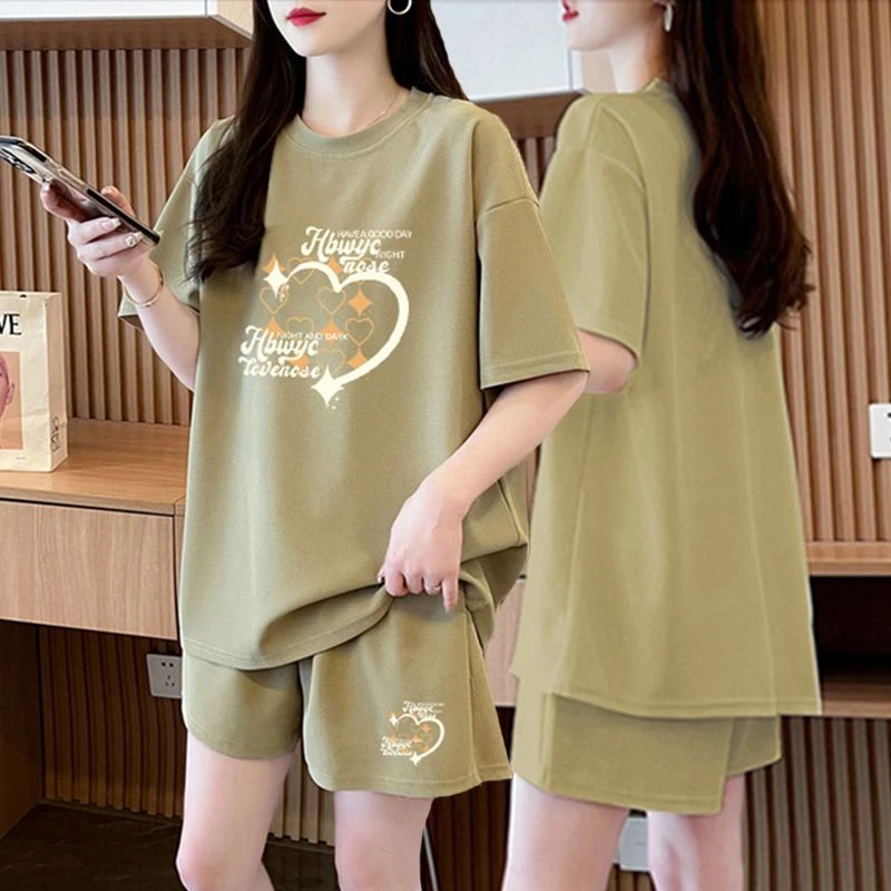 休闲夏季纯棉大码运动套装女2025韩版显瘦短袖短裤网红时尚两件套