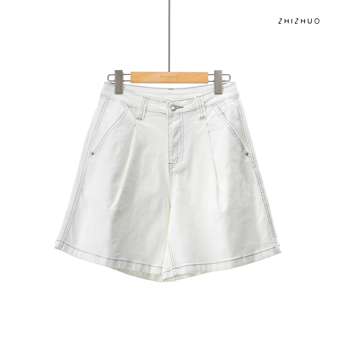 ZHIZHUO/白云悠悠 高腰直筒洗水显瘦宽松百搭牛仔短裤
