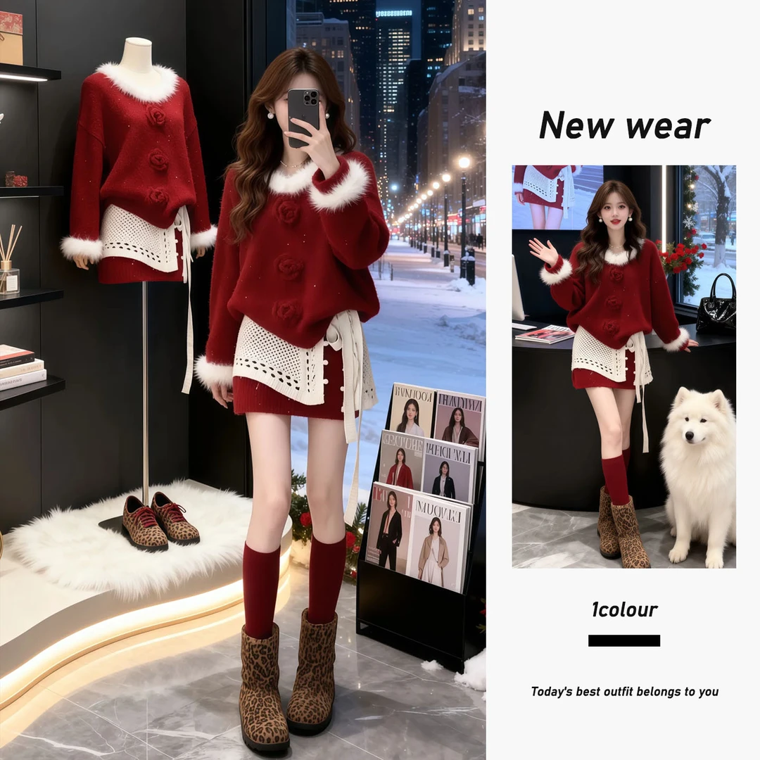 2026超火穿搭一整套韩系减龄红色圣诞毛衣设计感显瘦半身裙两件套