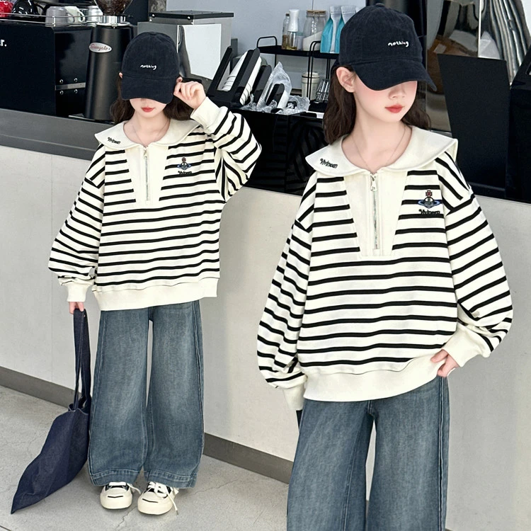 女童卫衣春秋款2025新款条纹洋气秋季上衣牛仔裤女大童休闲套装