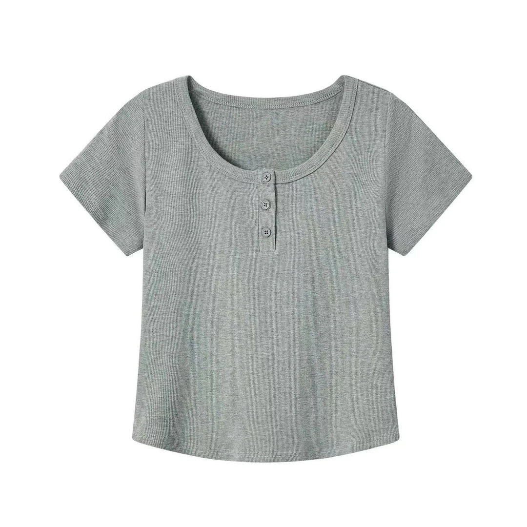 独特设计感「小排钮扣」圆领短袖t恤女夏季新百搭正肩上衣女25049