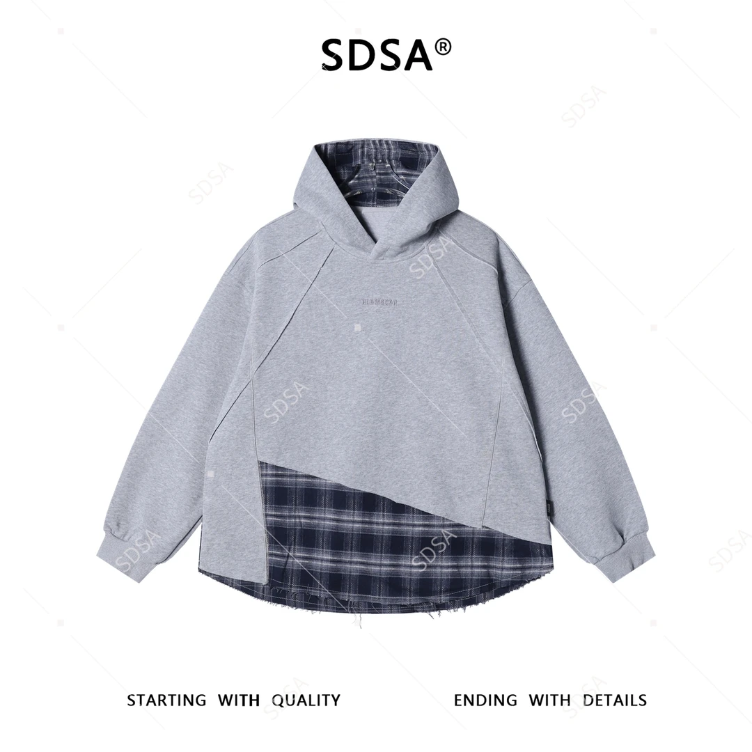 SDSA秋冬新款痞帅男装复古解构格子拼接假两件连帽卫衣宽松休闲