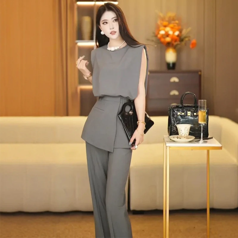 职场干练气质套装女2025夏季轻奢高级感通勤灰色衬衫阔腿裤两件套