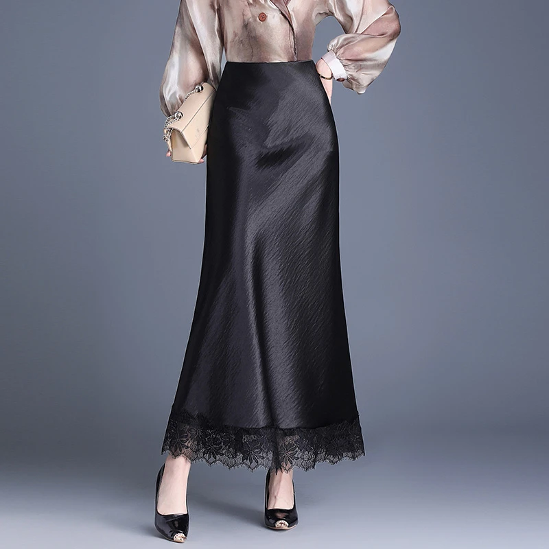 醋酸缎面鱼尾裙半身裙女春夏季2025新款气质长裙蕾丝边裙子包臀裙
