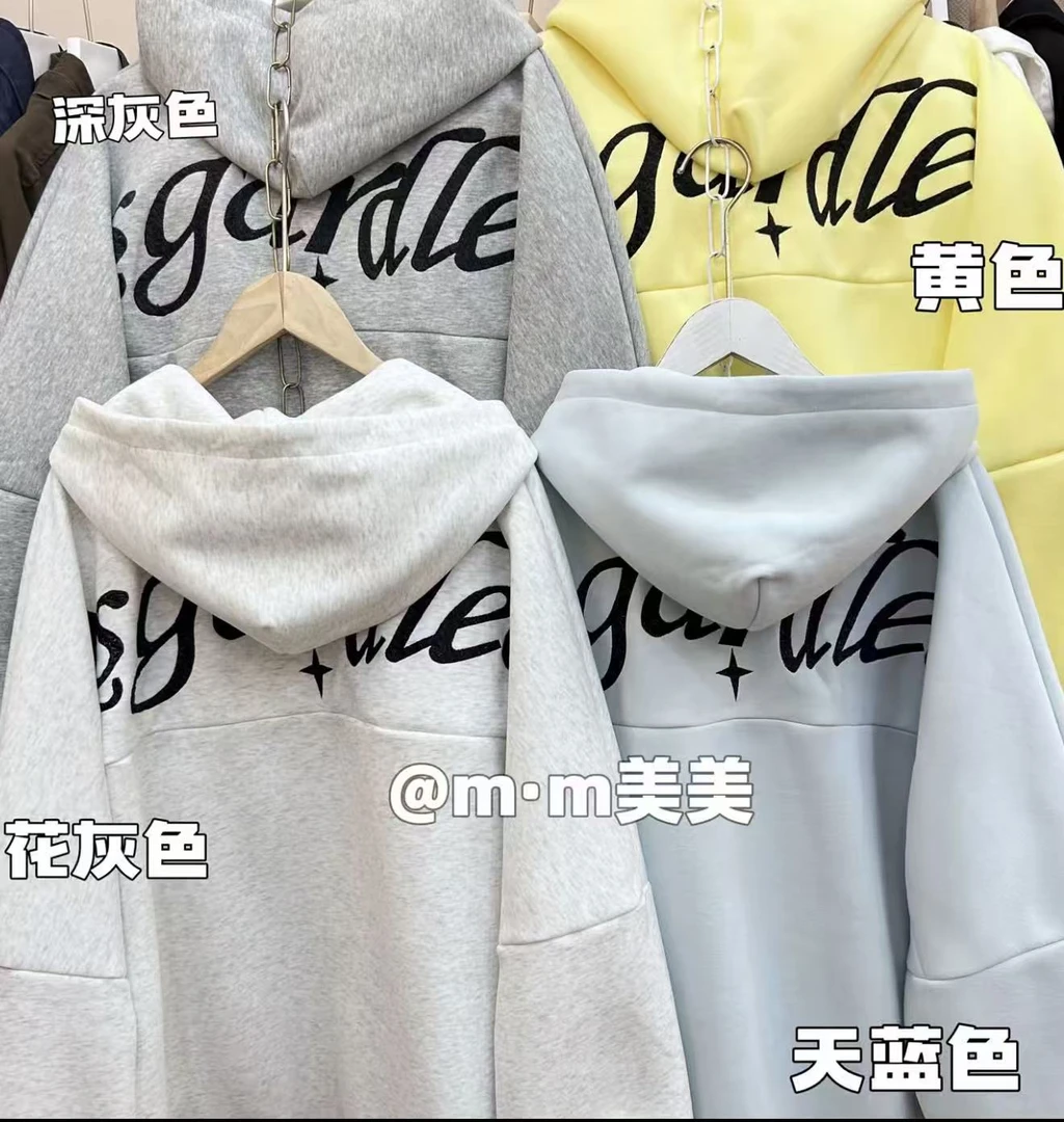 9070美式背后刺绣大字母连帽卫衣外套女2025新款秋季宽松休闲上衣