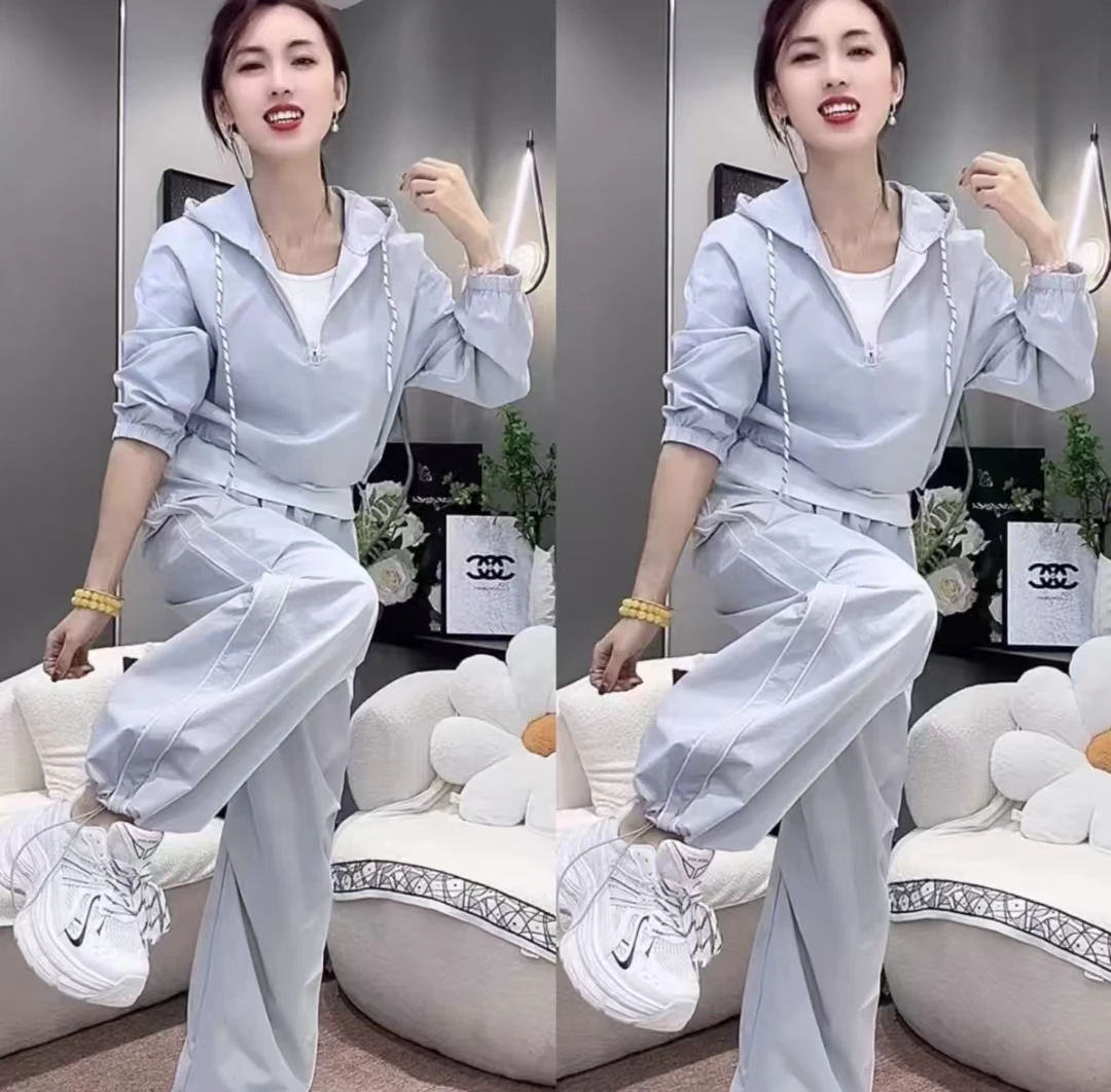 2025春夏新款宽松休闲运动风三件套女连帽外搭背心工装裤减龄套装