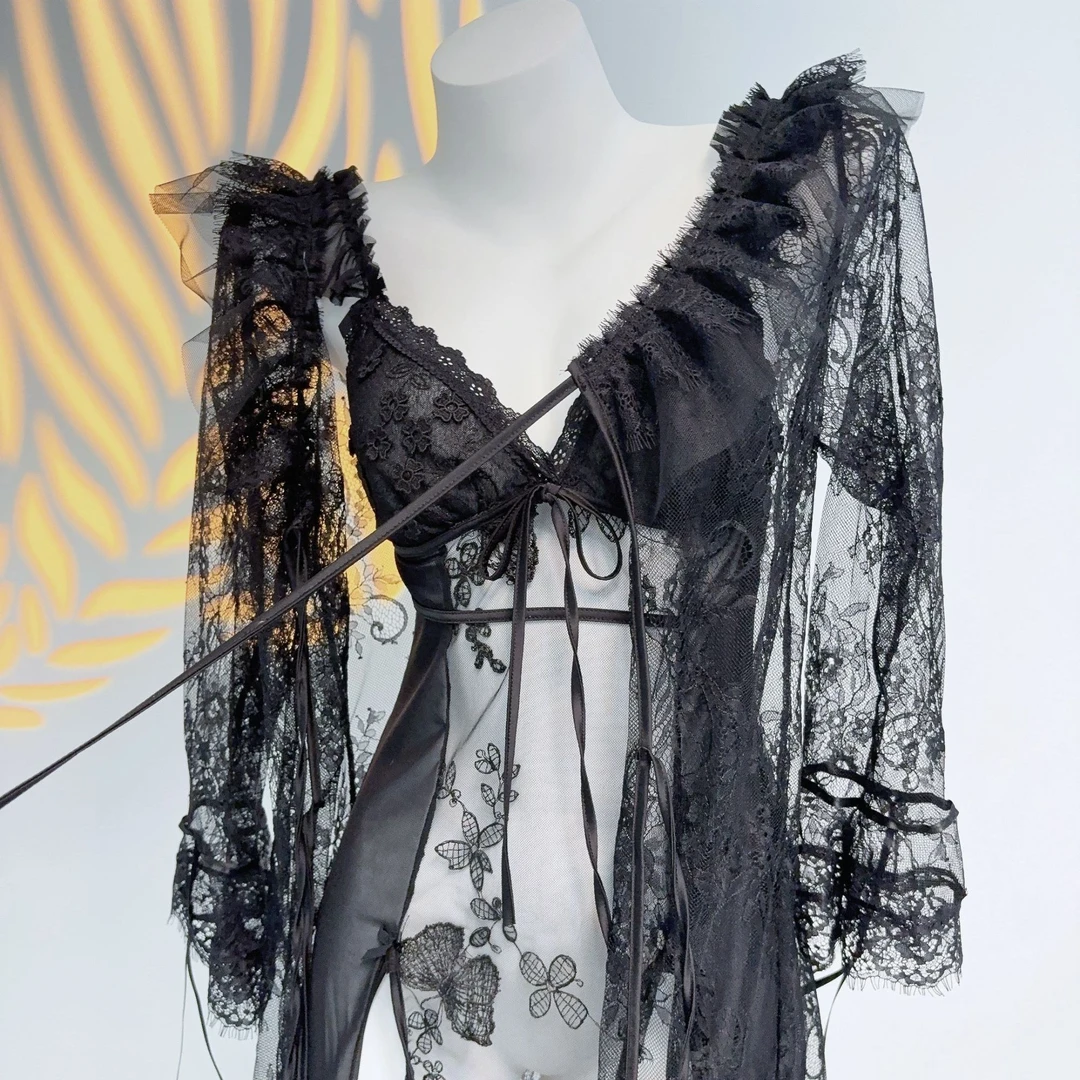 【80-140】清透软纱刺绣显瘦吊带睡裙套装外袍性感蕾丝低胸睡袍