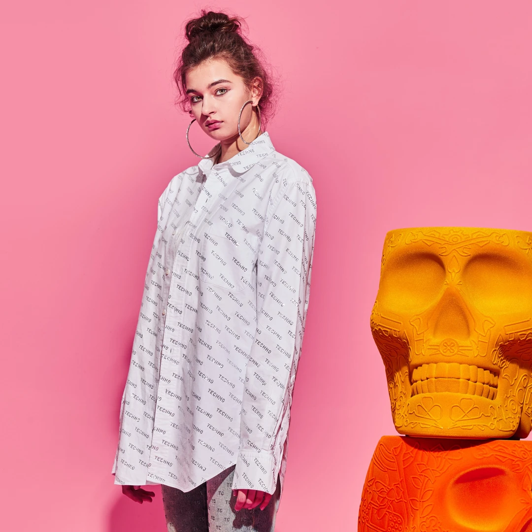 山东TCH-潮牌字母满钻白色纯棉长袖休闲百搭衬衣衬衫T69C138005