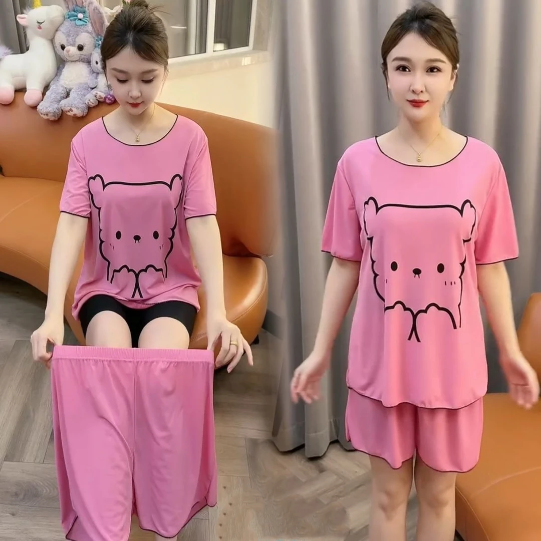 夏季大码简约时尚宽松舒适木耳边薄款小熊家居服清凉透气