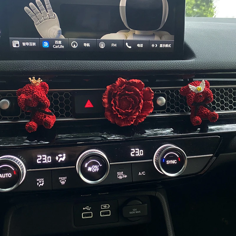车载香薰红色系小熊牡丹花汽车空调出风口装饰扩香石车内饰品