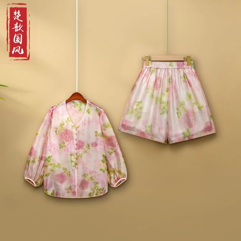 【绿野繁花】夏季新款新中式上衣+短裤印花国风夏装薄款两件套装女